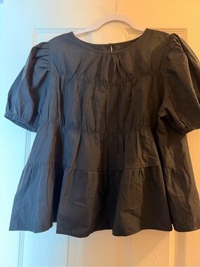 Black Puff Sleeve Babydoll Tiered Blouse Top